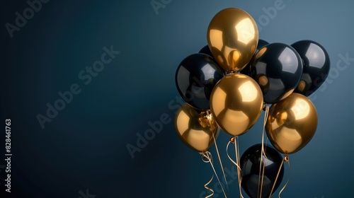 Black and gold balloons on blue background