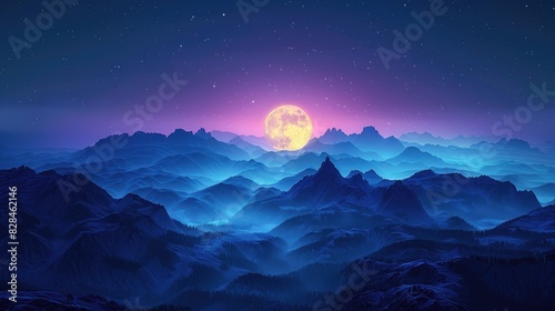Full moon rising over mountain range
