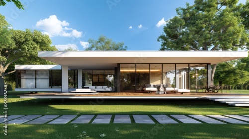 Perspective of white modern luxury house with green lawn yard in day time on tree background Idea of minimal architecture with large wood deck design. 3D rendering  © imlane