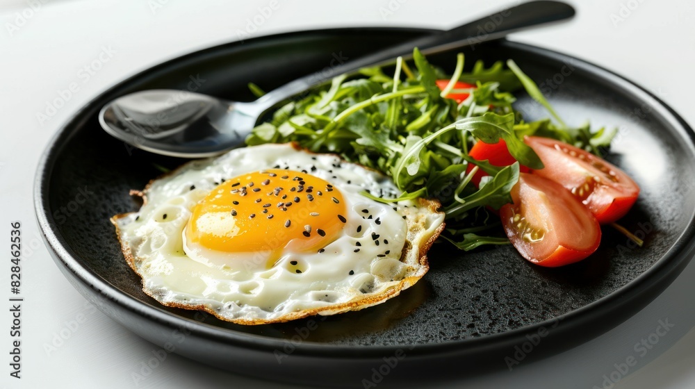 Hot breakfast in a black ceramic plate. Spoon on side isolated on white Environmentally friendly friends Hot breakfast in a black ceramic plate. Spoon on side isolated on white Environmentally friendly friends