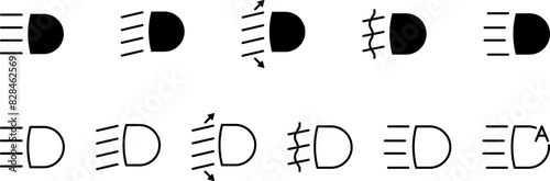 Headlight, light indicator dashboard icon. Vector high beam. Car light symbol. Vector icons of vehicle dashboard indicators. Such symbols include high and low beam and adjustable headlight symbol.