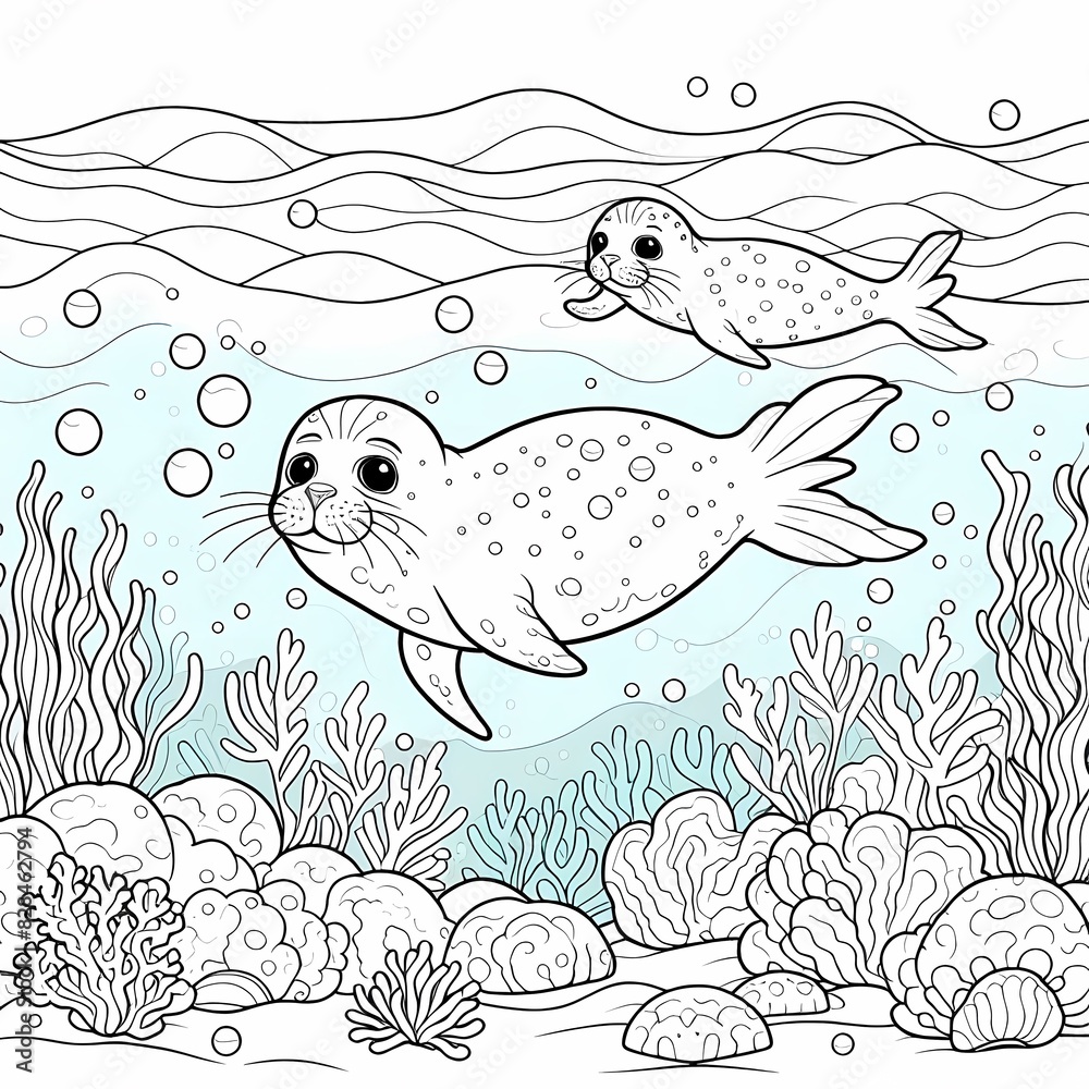 Fototapeta premium Seals in Underwater Scene - Kids' Coloring Book Page