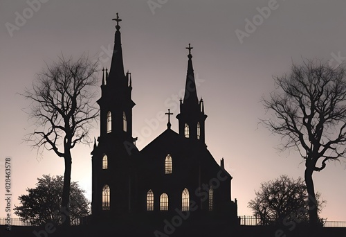 silhouette of a church surrounded by trees in the evening