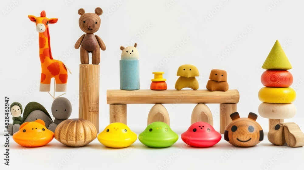 children's toy set made from bamboo With equipment isolated on white Environmentally friendly friends children's toy set made from bamboo With equipment isolated on white Environmentally friendly friends
