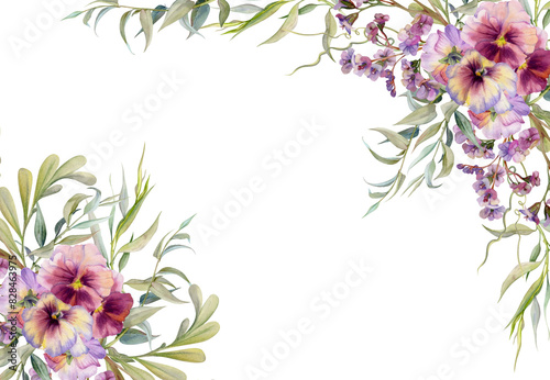 Hand drawn watercolor illustration botanical flowers leaves. Mauve pansy viola, locust indigo branch, willow eucalyptus, bergenia heliotrope lungwort, tendrils. Frame isolated white. Wedding, cards