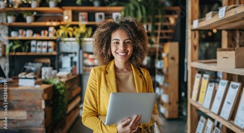 Woman Holding Laptop in Store