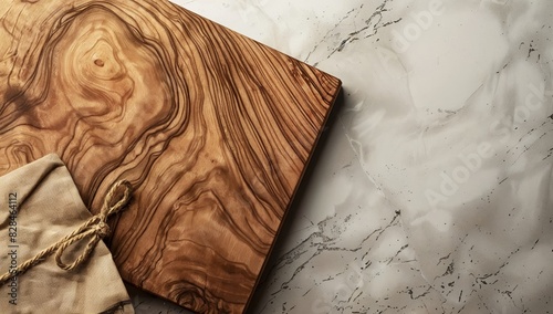 Mockup packaging swirled wood cutting board, artisanal xsert text, free copy space