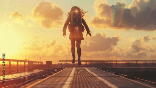 Woman jetpacking through sky, surprised woman on the platform photo