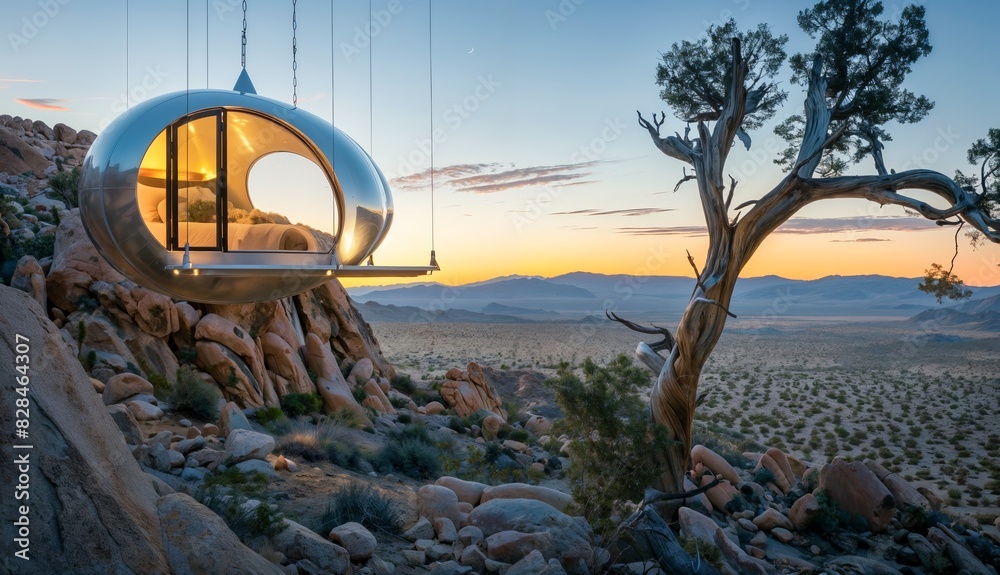 Obraz premium Glamping pod suspended over a secluded desert landscape, floor-to-ceiling windows offering unobstructed stargazing