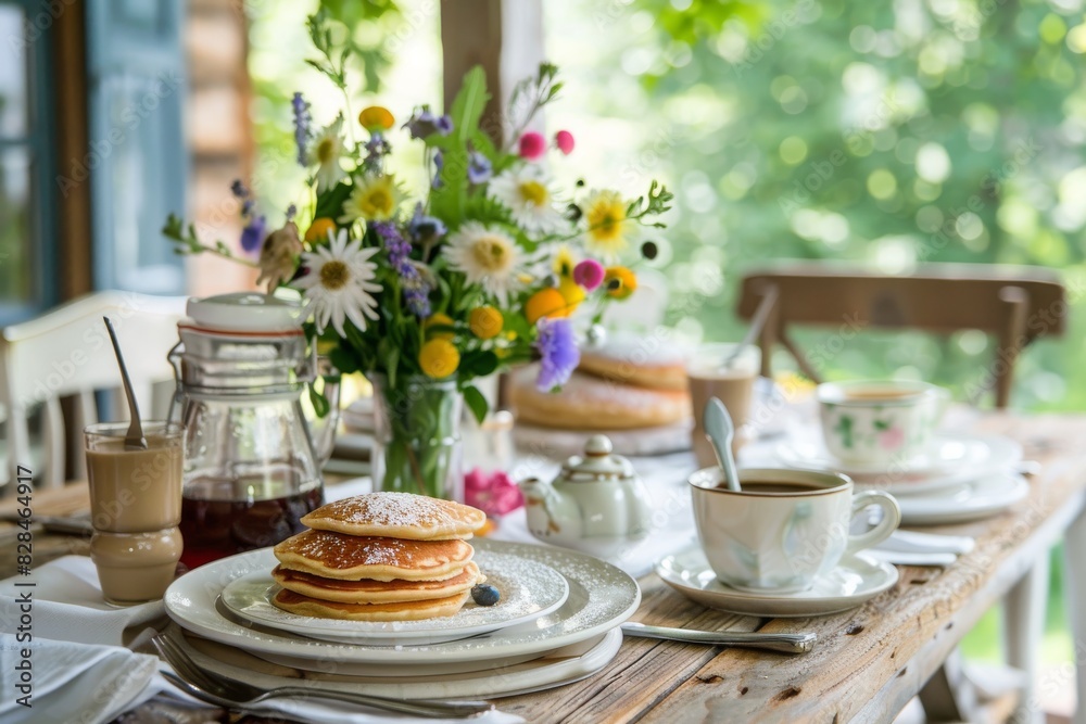 A wooden table set for breakfast, with pancakes, coffee, and fresh flowers A wooden table set for breakfast, with pancakes, coffee, and fresh flowers
