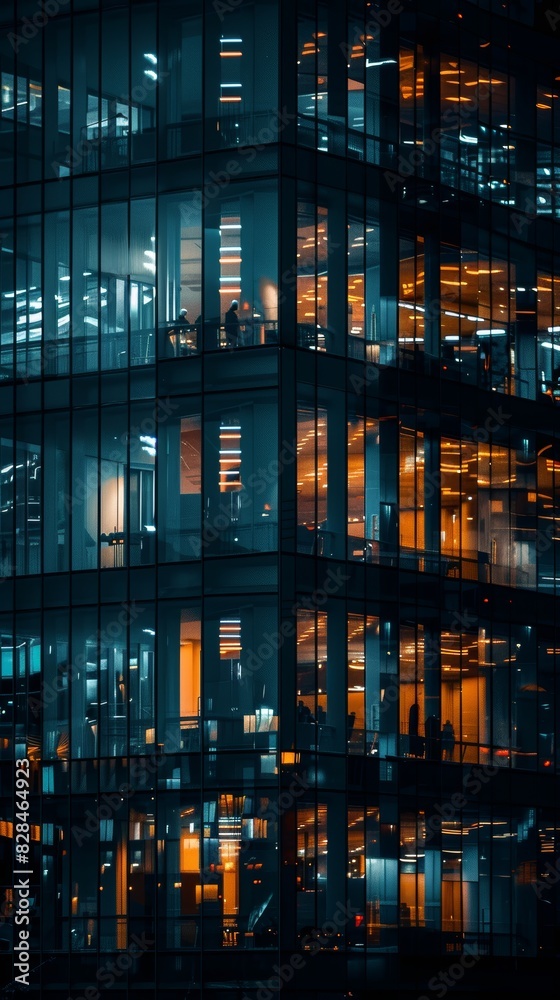 Nighttime Office Building Exterior with Lone Worker Generative AI Nighttime Office Building Exterior with Lone Worker Generative AI