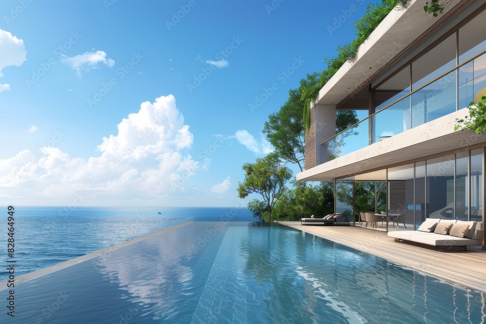 Fototapeta premium Perspective of modern luxury house with wood terrace and swimming pool on sea view background Idea of minimal architecture design. 3D rendering. 