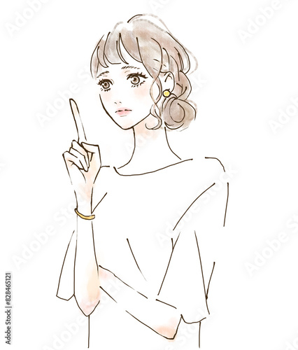 Obraz na płótnie 悩む表情の女性のイラスト 上方向に指をさす 産休 育休 w salonie