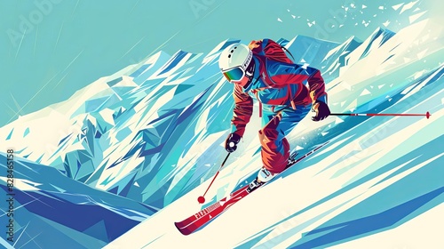 Olympic Paris 2024 Sport Abstract Alpine Skiing Focus on abstract shapes and lines depicting an alpine skier, with a snowy mountain background, with right space for text photo