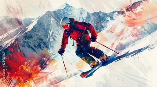 Olympic Paris 2024 Sport Abstract Alpine Skiing Focus on abstract shapes and lines depicting an alpine skier, with a snowy mountain background, with right space for text