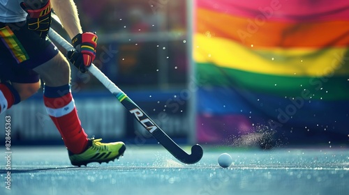 Olympic Paris 2024 Sport Field Hockey Focus on a hockey player hitting the ball, with the rainbow flag in the stands, empty space left for text