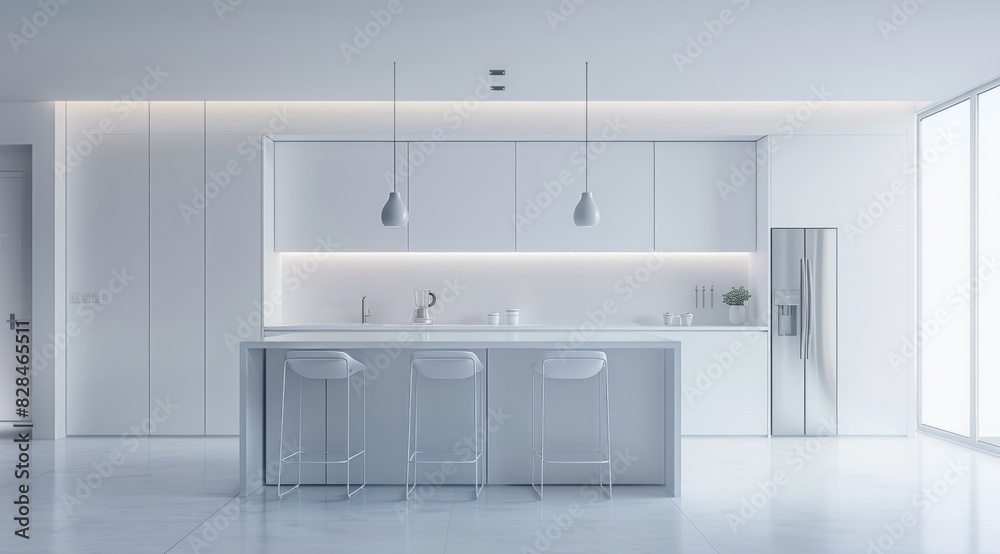 Minimalist white kitchen interior with an all-white palette, modern pendant lights, and a sleek built-in fridge Minimalist white kitchen interior with an all-white palette, modern pendant lights, and a sleek built-in fridge