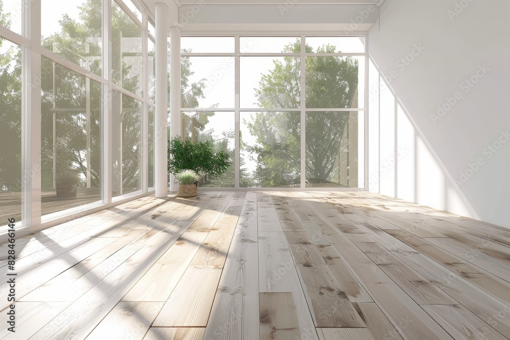 Fototapeta premium 3d rendering of modern empty room with wooden floor and large window on white background. 