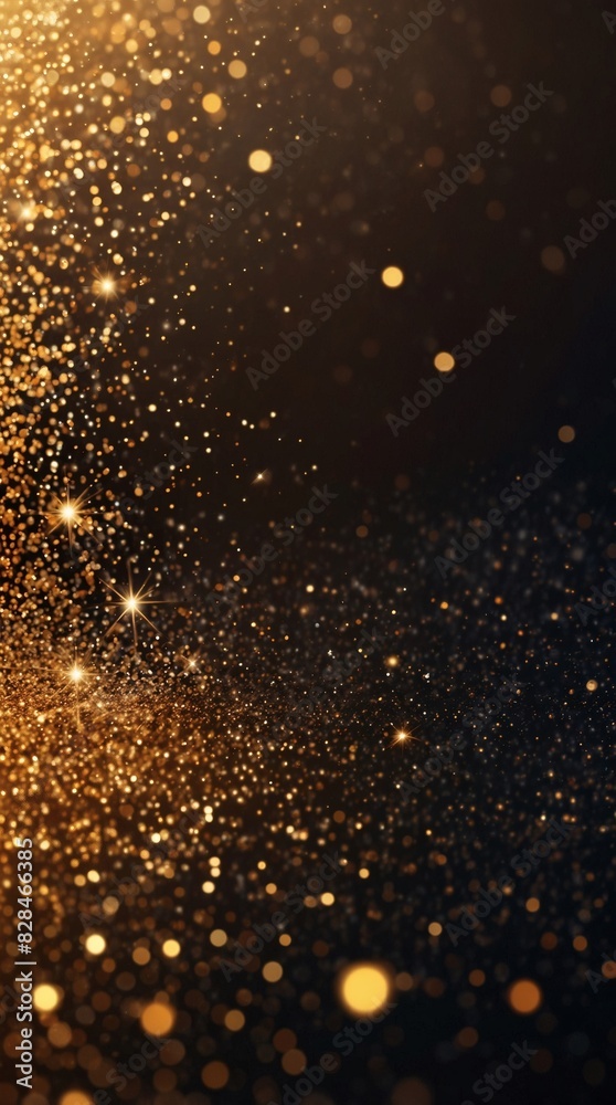 Elegant backdrop of shimmering gold glitter particles, adorned with falling stars and luminous flares.