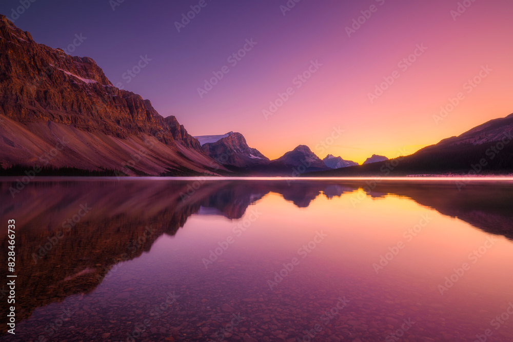 Mountain landscape at dawn. Sunbeams in a valley. Lake and high peaks in a mountain valley at dawn.