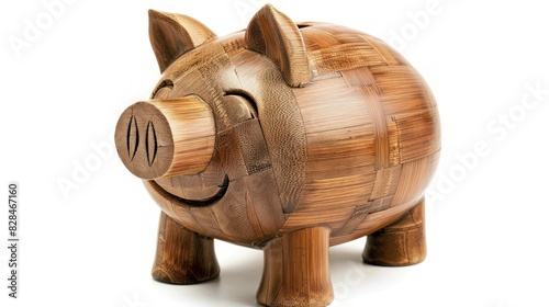 Piggy bank made of bamboo isolated on white. Environmentally friendly friends