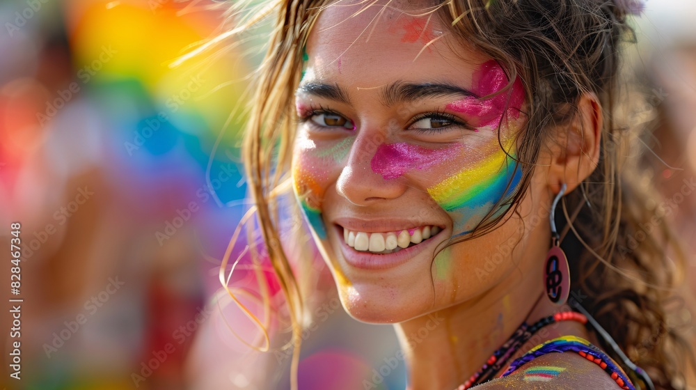 A person with rainbow-colored face paint, smiling confidently, embodying pride and individuality A person with rainbow-colored face paint, smiling confidently, embodying pride and individuality