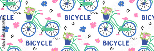Bicycle seamless pattern. World Bicycle Day 3 June Background with bike. Summer activities and sports. Suitable for textile design, packaging, wallpaper, scrapbooking. Vector flat illustration.