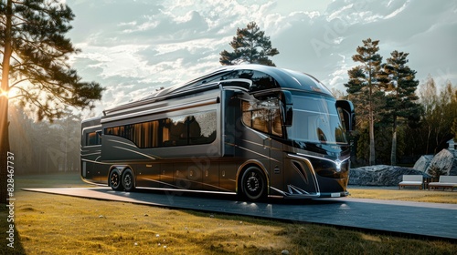 A luxury campervan that offers the ultimate mobile living experience. With a modern, luxurious exterior design, the rooftop swimming pool adds to the luxury and relaxation.