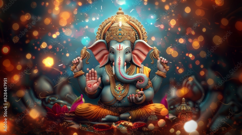 Digital illustration of Lord Ganesha with vibrant colors and intricate details celebrating the Hindu deity.