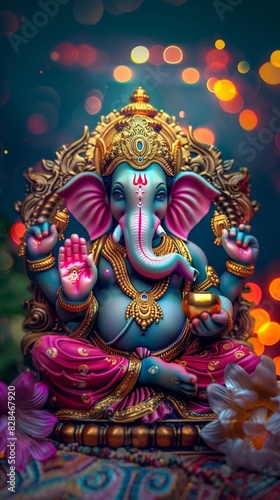 Vibrant Hindu deity Lord Ganesha statue with intricate details, colorful attire, and spiritual ambiance. Perfect for culture and religion themes.