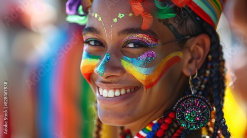 A person with rainbow-colored face paint, smiling confidently, embodying pride and individuality