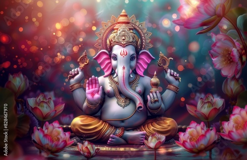 Vibrant image of Lord Ganesha surrounded by flowers, representing spirituality, wisdom, and prosperity in a beautifully artistic manner.