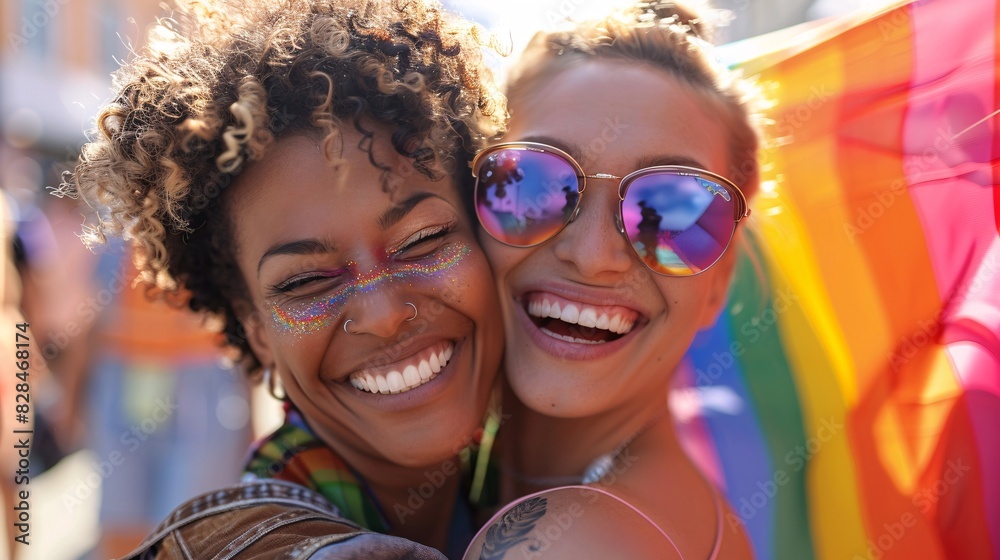 A joyful couple at a pride event, embracing and smiling, with a rainbow flag in the background