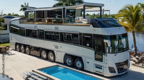 A luxury campervan that offers the ultimate mobile living experience. With a modern, luxurious exterior design, the rooftop swimming pool adds to the luxury and relaxation.
