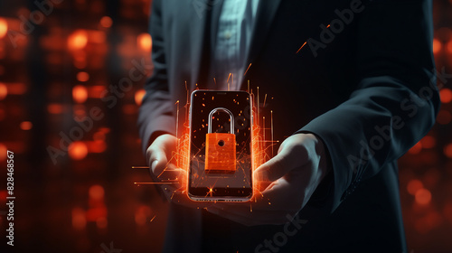 Secure Business Data Protection: Businessman Defending Against Hacker Attack with Virtual Padlock on Smartphone