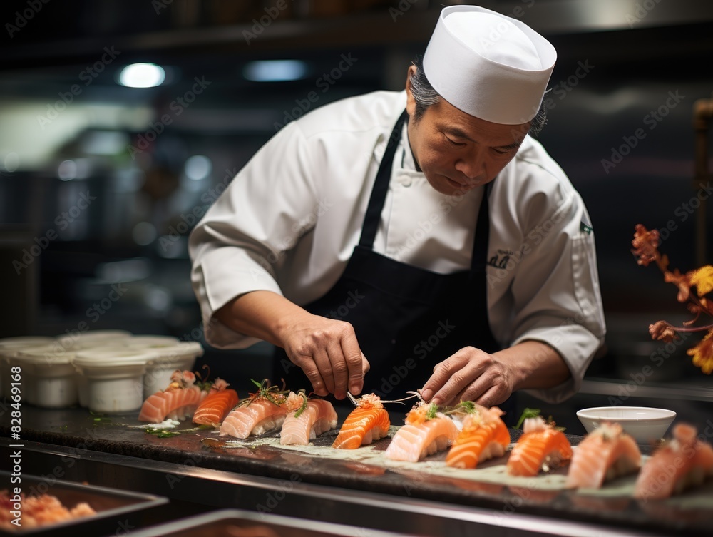 Skilled Chef Crafting Fresh Sushi Rolls in Contemporary Kitchen Setting Skilled Chef Crafting Fresh Sushi Rolls in Contemporary Kitchen Setting