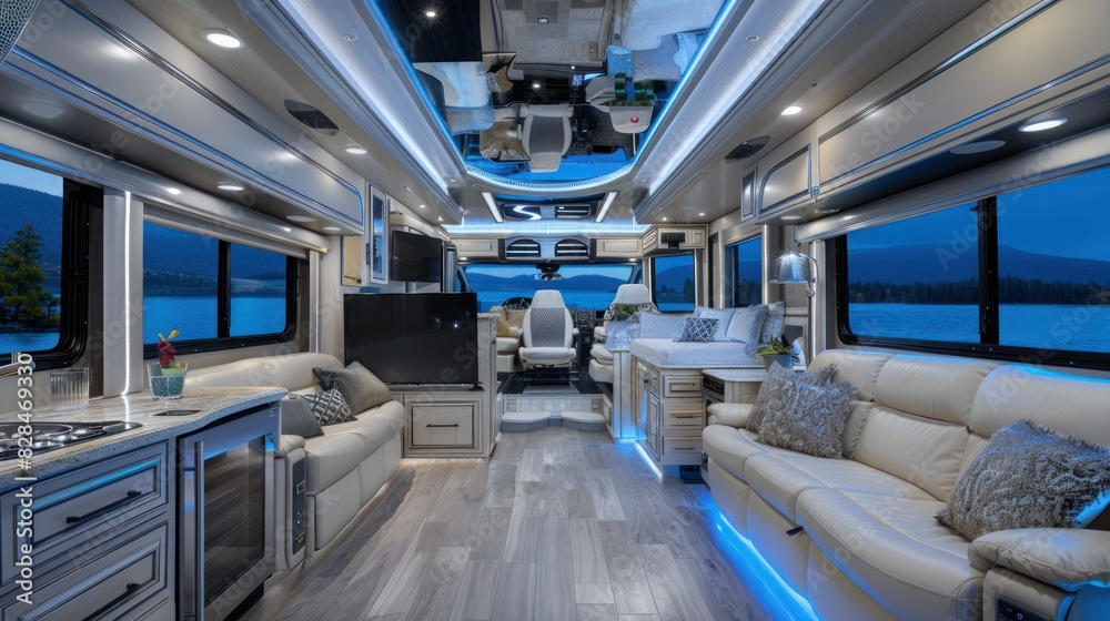 Fototapeta premium A luxury campervan that offers the ultimate mobile living experience. With a modern, luxurious exterior design, the rooftop swimming pool adds to the luxury and relaxation.