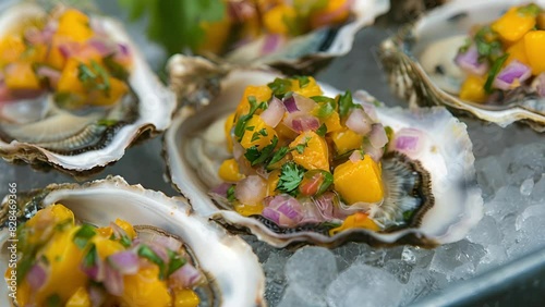 Freshly shucked oysters topped with a mango and jalapeno relish. photo