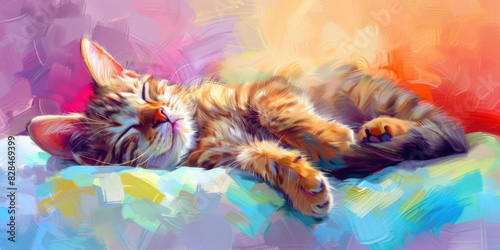Cute sleeping cat, colorful background, illustration
