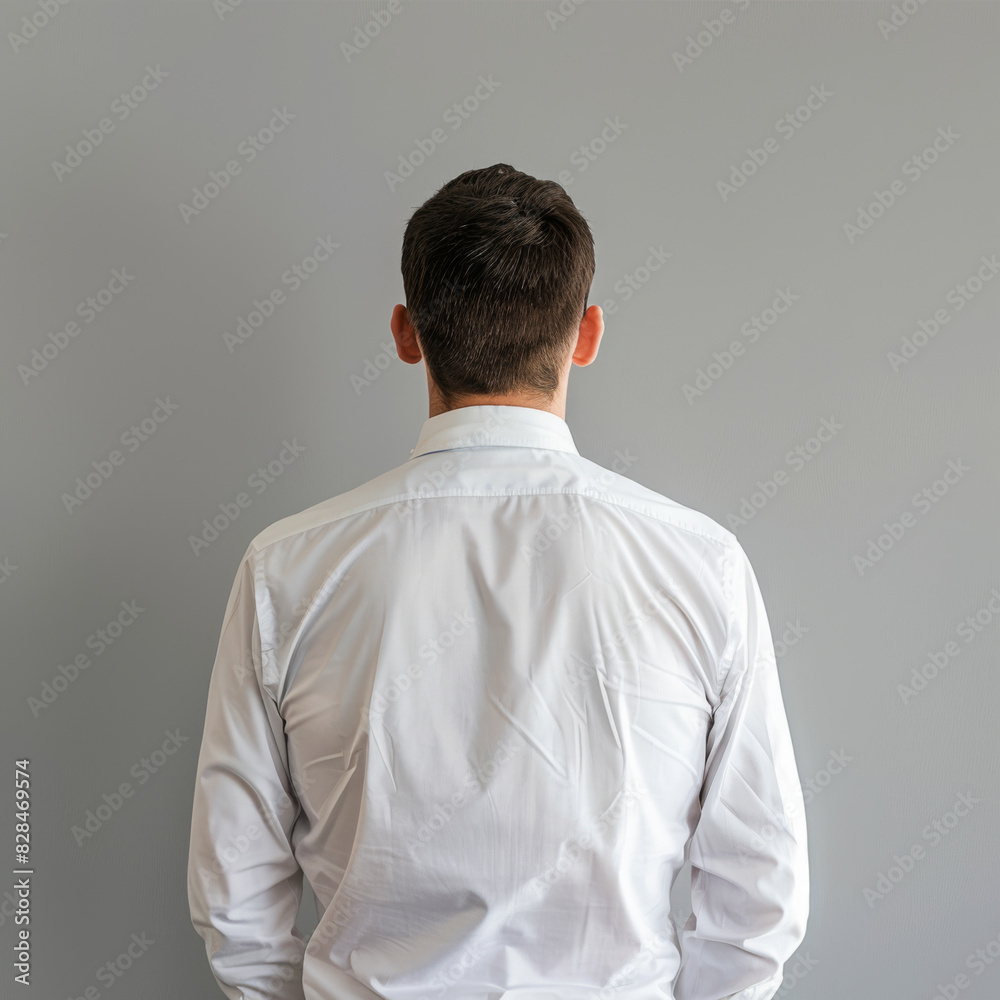Man in a white shirt with his back to the audience Man in a white shirt with his back to the audience