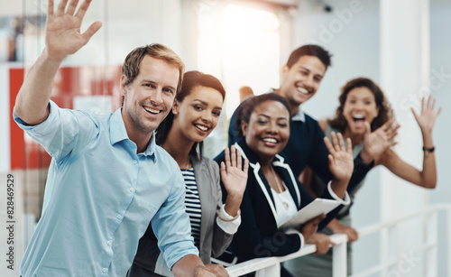 Happy, business people and hand waving to new employee for welcome, hello and recruitment in office. Smile, corporate group and team building with greeting for trainees, onboarding and collaboration
