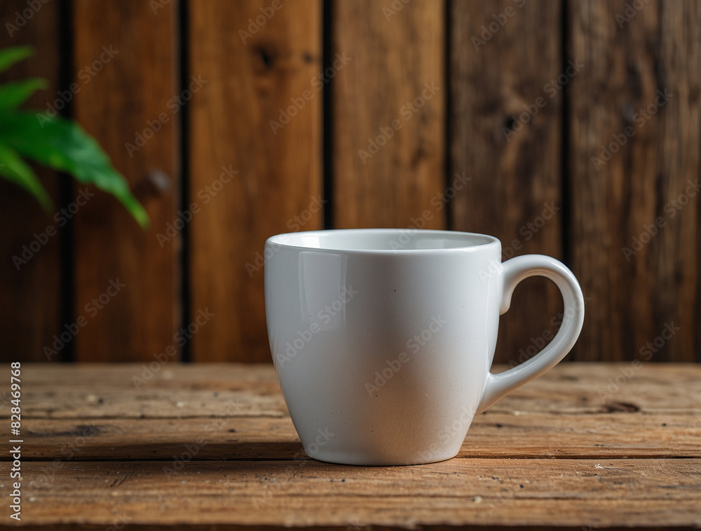 Fototapeta premium A white coffee mug mockup on wooden table