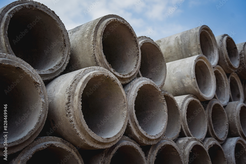 A stack of concrete ring pipes piled and creating a symmetrical arrangement A stack of concrete ring pipes piled and creating a symmetrical arrangement