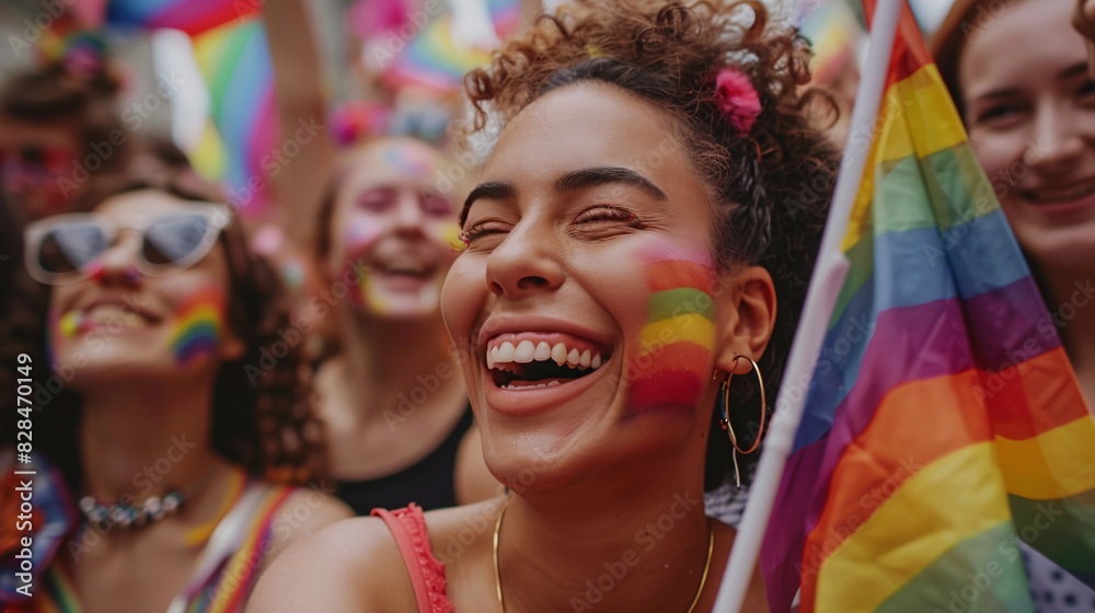 A group of friends at a pride parade, laughing and waving rainbow flags, celebrating diversity and equality A group of friends at a pride parade, laughing and waving rainbow flags, celebrating diversity and equality