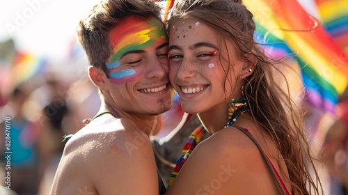 A couple embracing each other at a pride event, with rainbow face paint and pride flags in the background, symbolizing love and acceptance