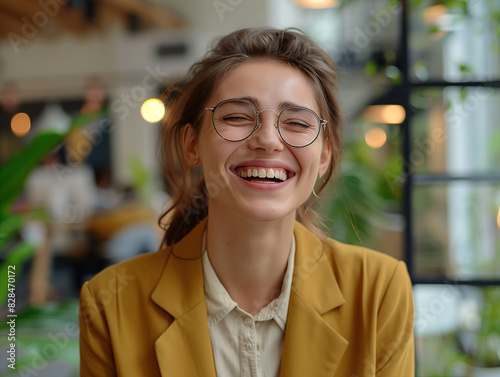 Junge Geschäftsfrau mit Brille lächelt an ihren Arbeitsplatz in die Kamera. Busineesfoto einer erfolgreichen und symphatischen Frau photo