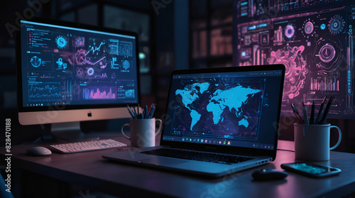 A high-tech workspace with multiple screens displaying complex data visualizations and world maps  emphasizing a focus on data analytics or cybersecurity. 