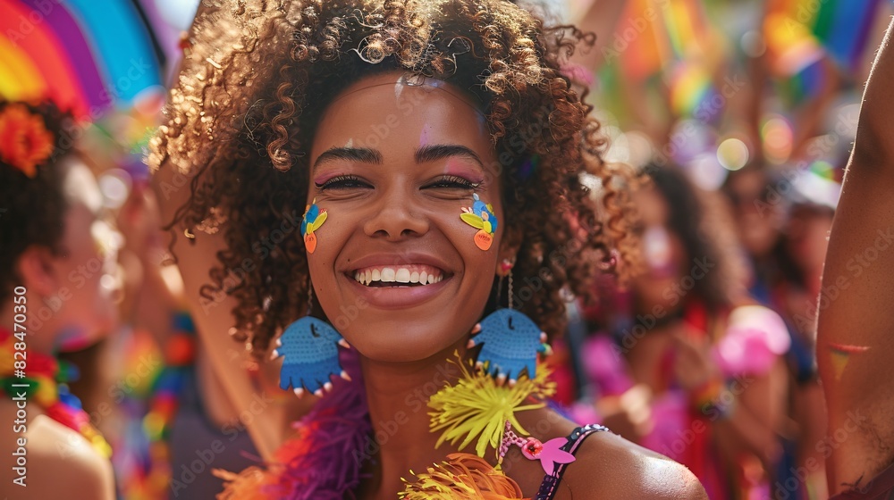 A diverse group of people celebrating pride with colorful flags and banners, smiling and dancing in a parade, displaying unity and joy
