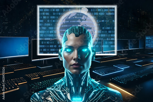 Umanoide simboleggia Intelligenza artificiale, in aiuto ed in opposizione a quella umana. Mente cibernetica in primo piano con simboli tecnologia sullo sfondo.