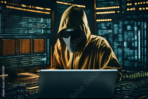  Hacker, in ambiente cyberspazio, attacco informatico, software con codice binario.